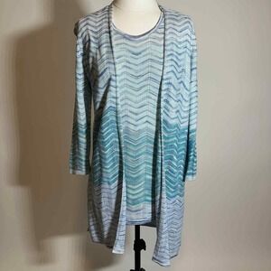 Chico's Size 00/0 Aqua Wavy Striped Cardigan Sweater Open Front 3/4 Sleeve XS/S
